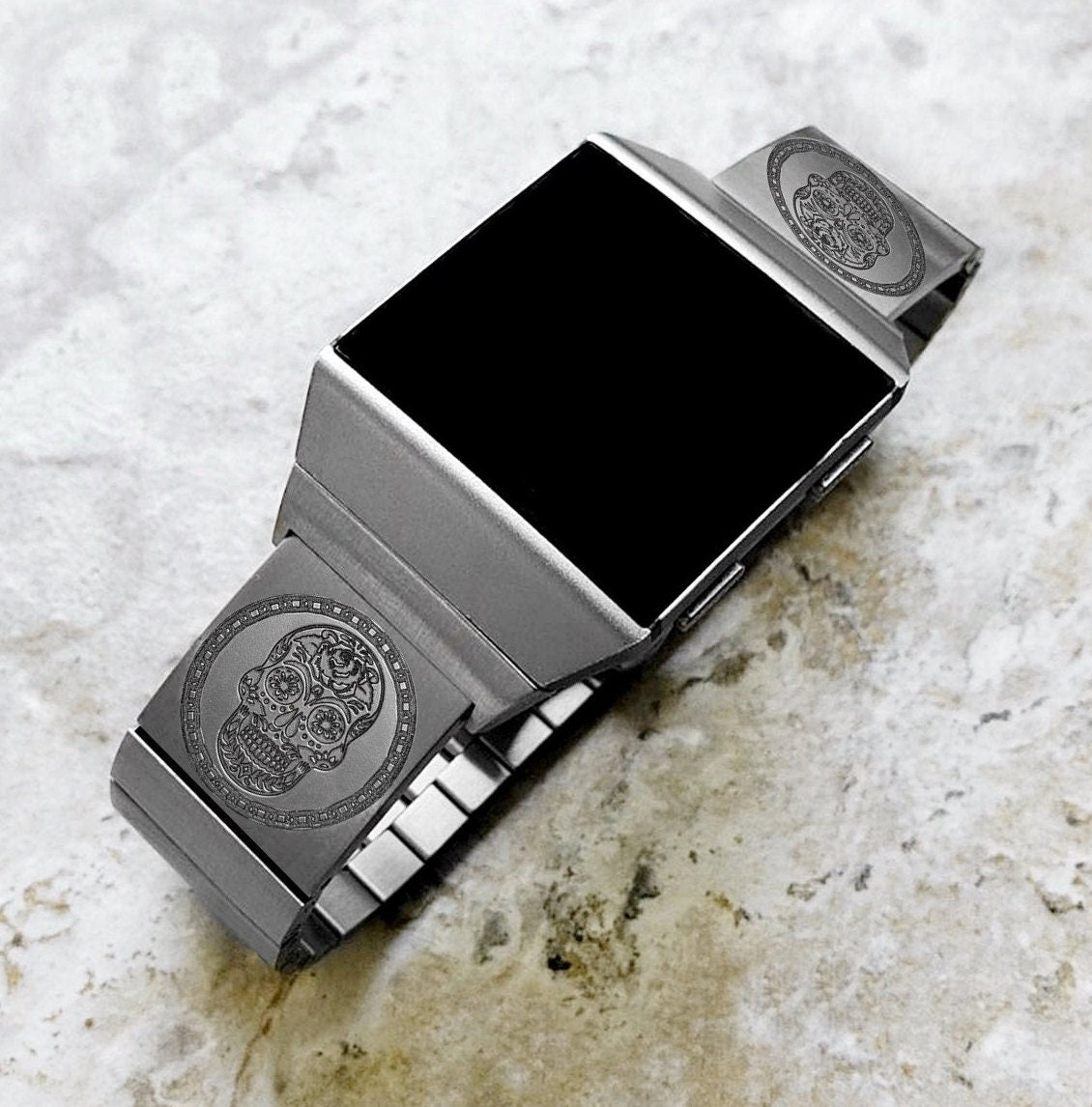 Engraved Watch Band Compatible with Fitbit Ionic Smartwatches Silver Color Stainless Steel Strap Bracelet with Quick Release Adapters SS2